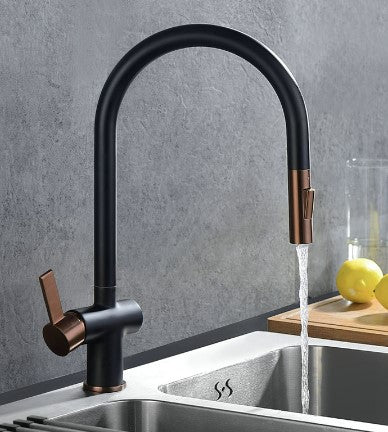 Hillam Modern Pull Out Kitchen Tap in Black & Copper Finish