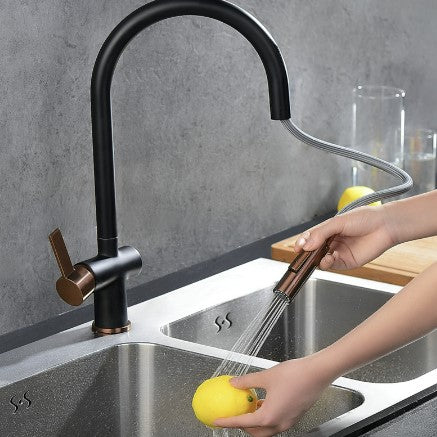 Hillam Modern Pull Out Kitchen Tap in Black & Copper Finish